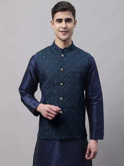Men'S Navy Blue And Green Woven Design Nehru Jacket
