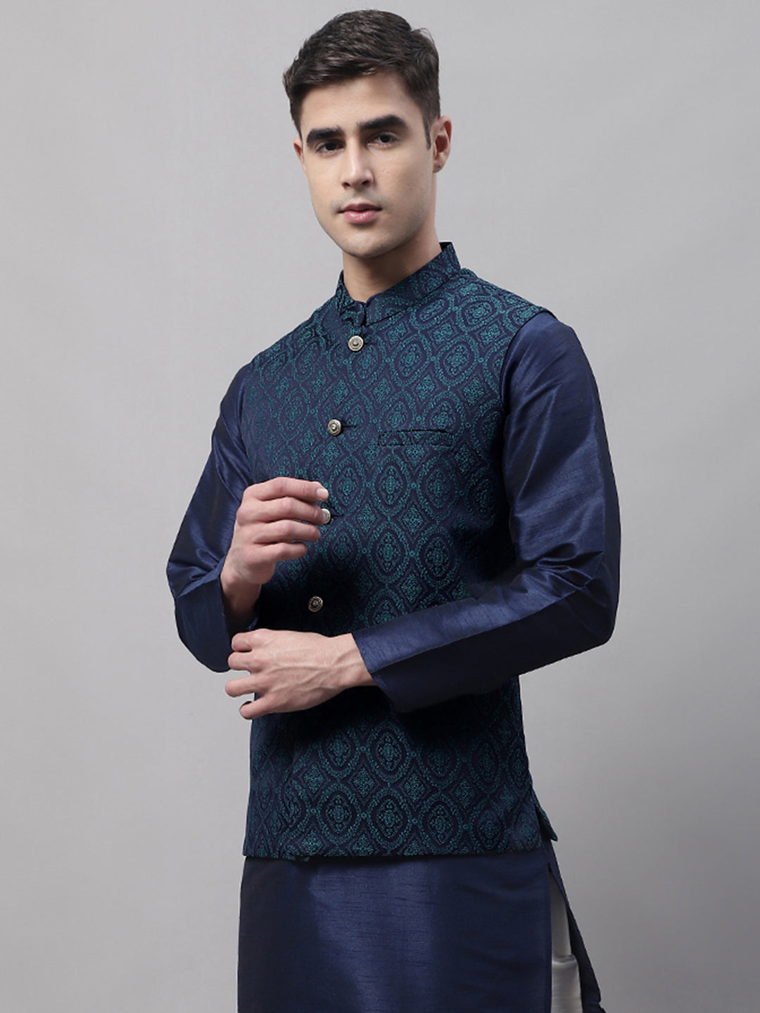 Men'S Navy Blue And Green Woven Design Nehru Jacket