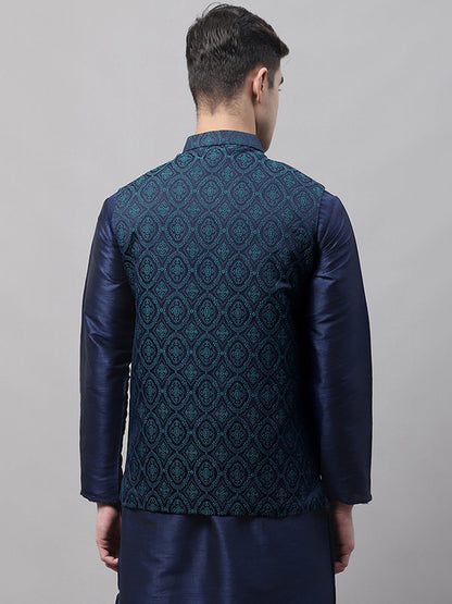 Men'S Navy Blue And Green Woven Design Nehru Jacket