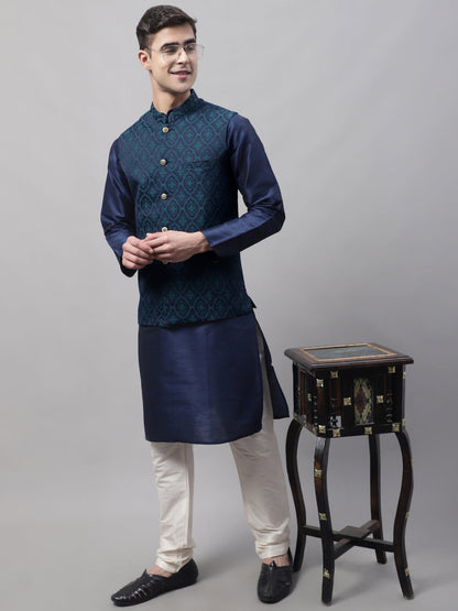Men'S Navy Blue And Green Woven Design Nehru Jacket
