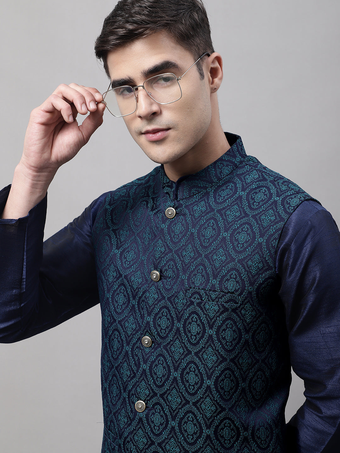 Men'S Navy Blue And Green Woven Design Nehru Jacket