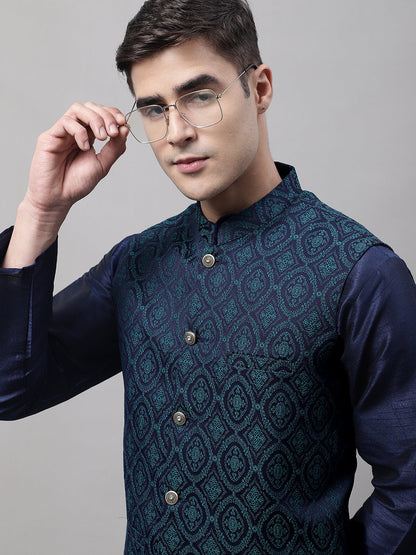 Men'S Navy Blue And Green Woven Design Nehru Jacket