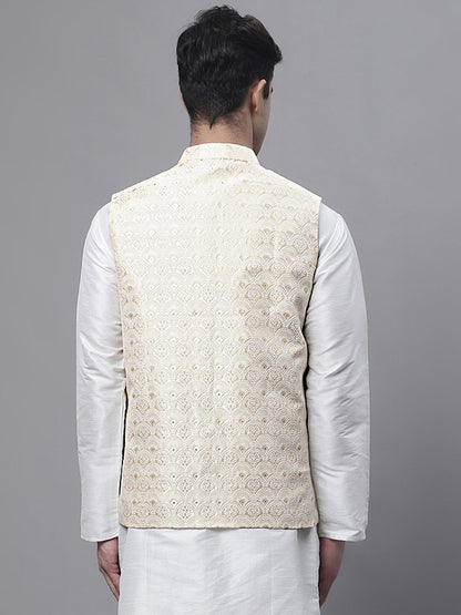 Men'S Yellow And White Woven Design Nehru Jacket