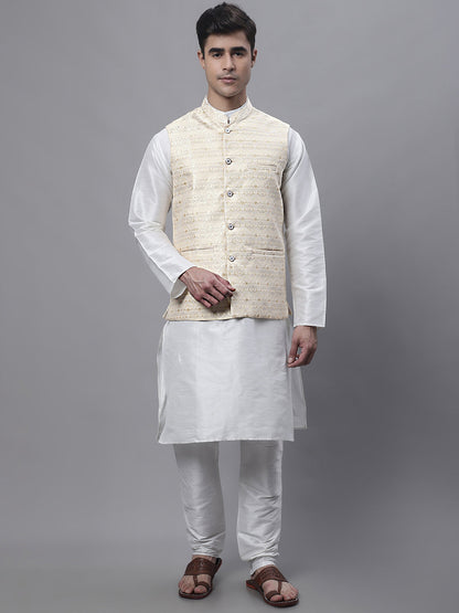 Men'S Yellow And White Woven Design Nehru Jacket