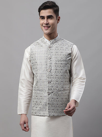 Men'S Grey And White Woven Design Nehru Jacket