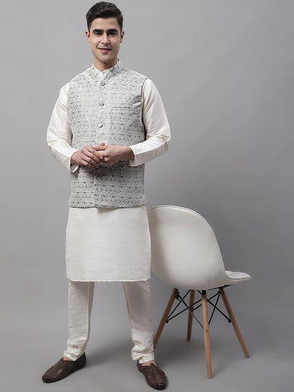 Men'S Grey And White Woven Design Nehru Jacket