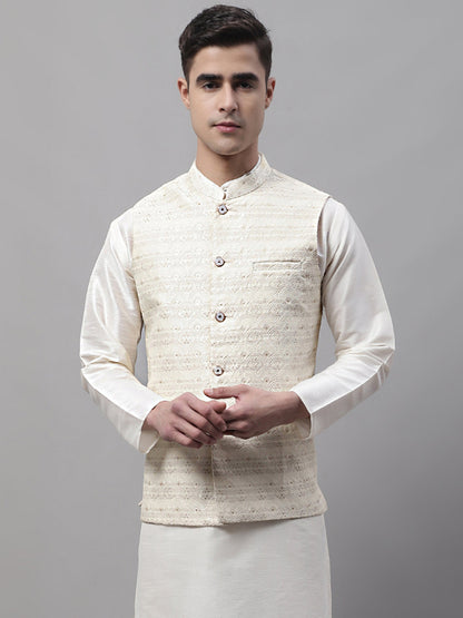 Men'S Off White Woven Design Nehru Jacket