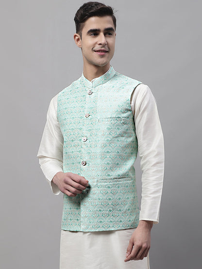Men'S Sky Blue And White Woven Design Nehru Jacket