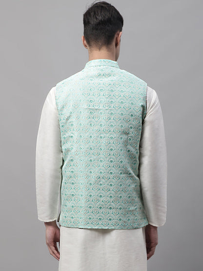 Men'S Sky Blue And White Woven Design Nehru Jacket