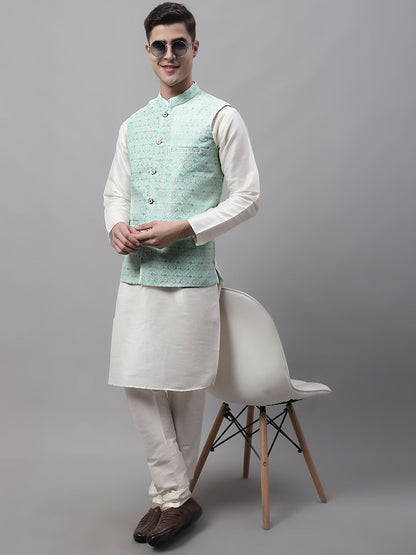 Men'S Sky Blue And White Woven Design Nehru Jacket