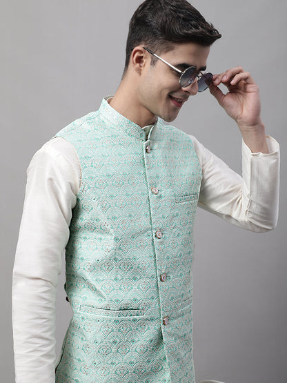 Men'S Sky Blue And White Woven Design Nehru Jacket