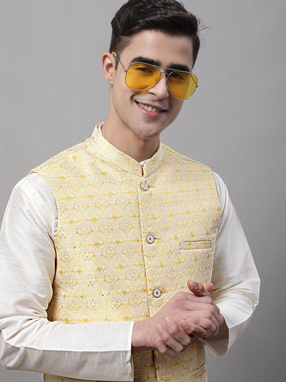 Men'S Yellow And White Woven Design Nehru Jacket