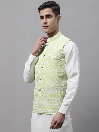 Men'S Green And White Embroidered Nehru Jacket