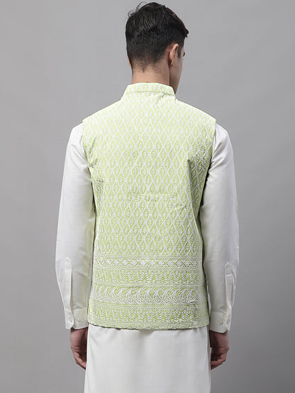Men'S Green And White Embroidered Nehru Jacket