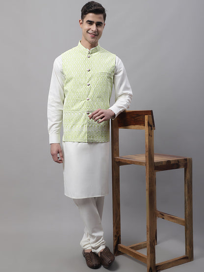 Men'S Green And White Embroidered Nehru Jacket