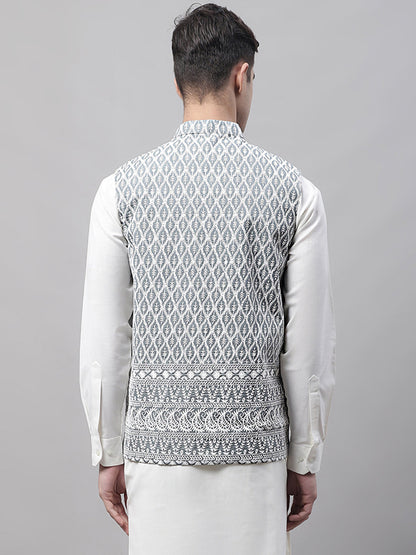 Men'S Grey And White Embroidered Nehru Jacket
