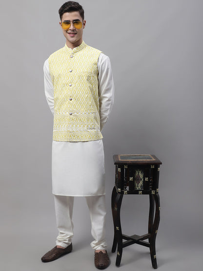 Men'S Yellow And White Embroidered Nehru Jacket
