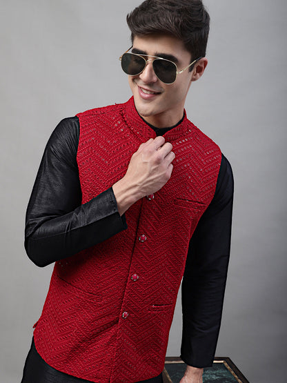 Men'S Sequins Embroidered Rayon Nehru Jacket