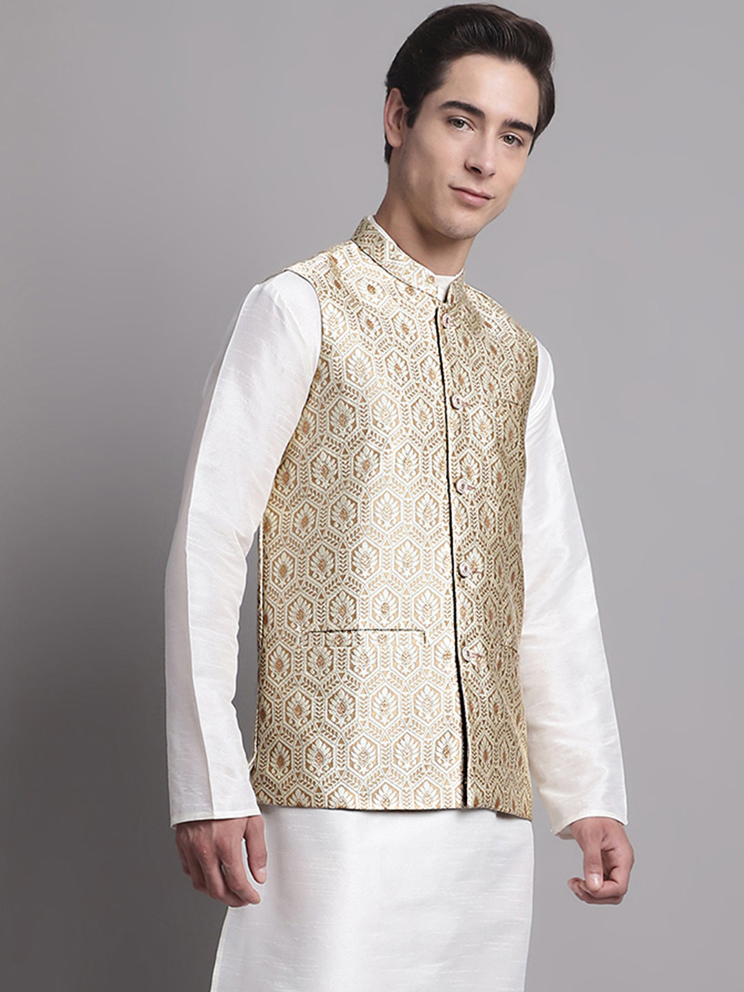 Men'S Cream Woven Design Nehru Jacket