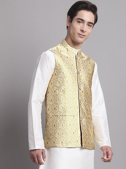 Men'S Golden Woven Design Nehru Jacket