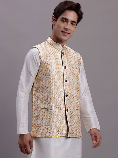 Men'S Cream Woven Design Nehru Jacket With Solid Kurta Pyjama.