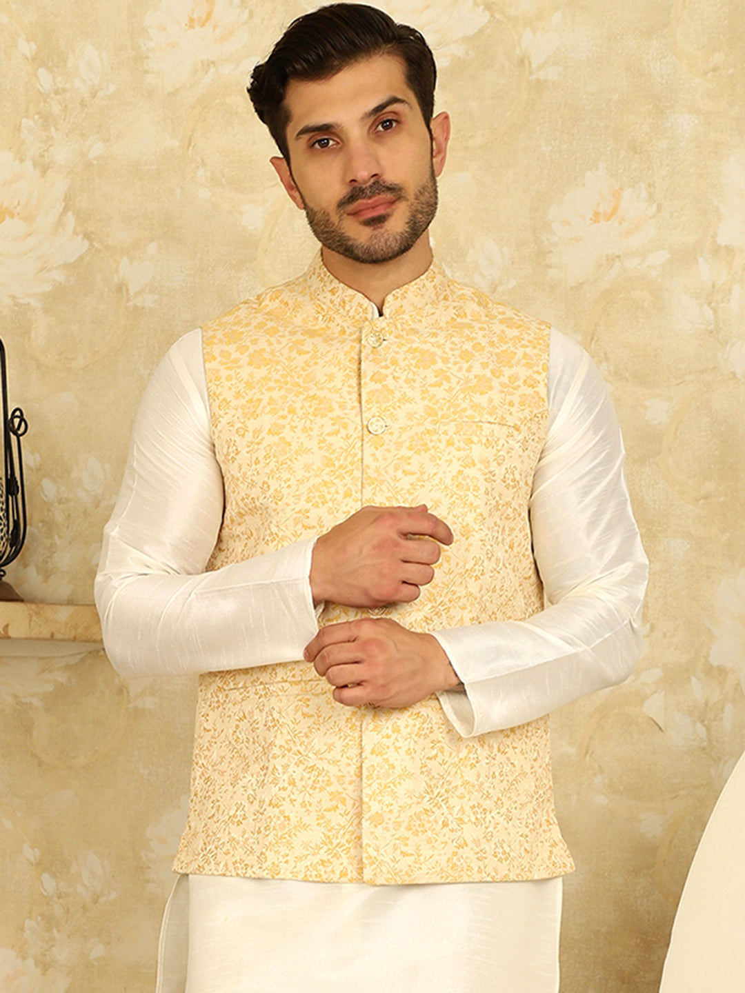 Golden Woven Design Nehru Jacket.
