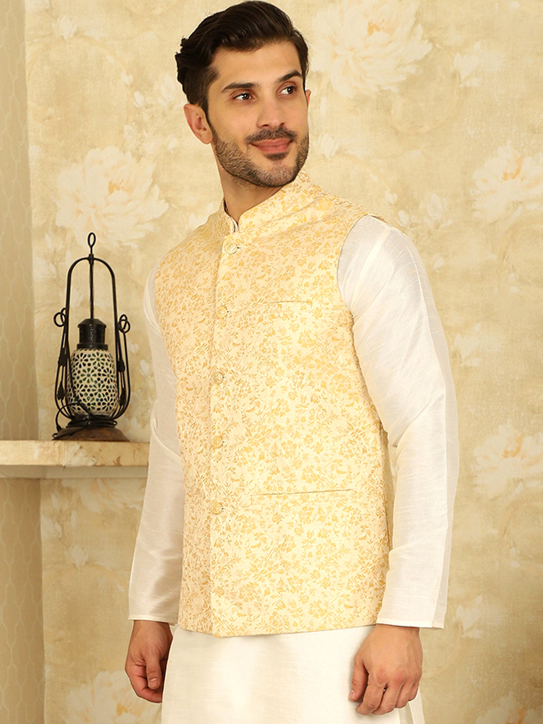 Golden Woven Design Nehru Jacket.