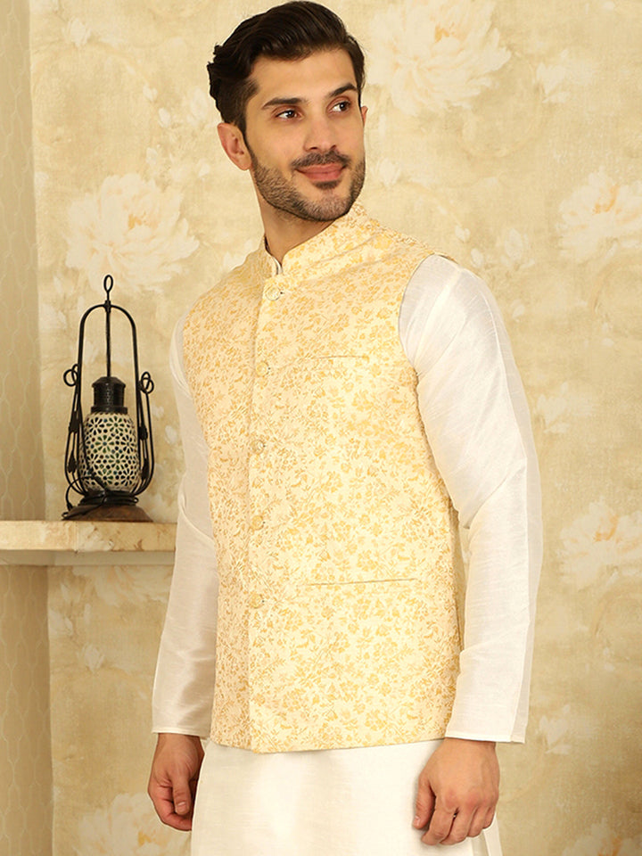 Golden Woven Design Nehru Jacket.