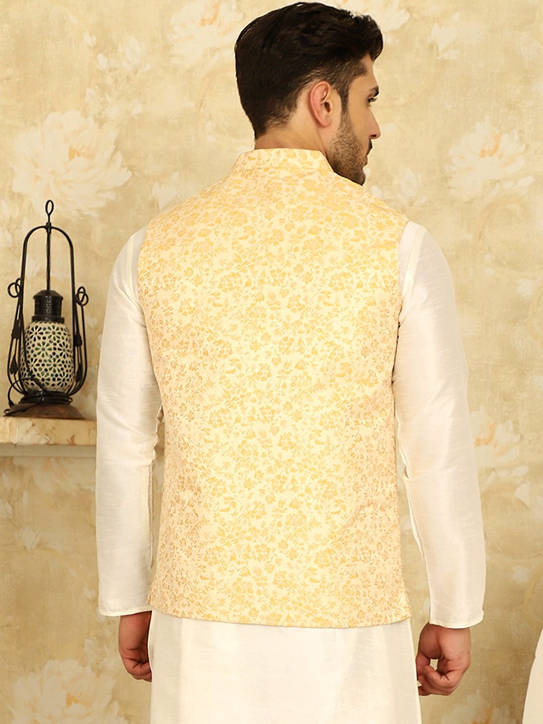 Golden Woven Design Nehru Jacket.