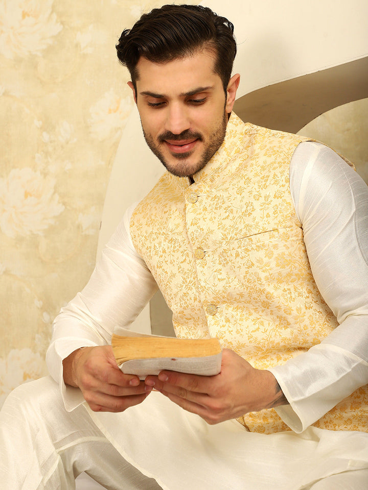 Golden Woven Design Nehru Jacket.