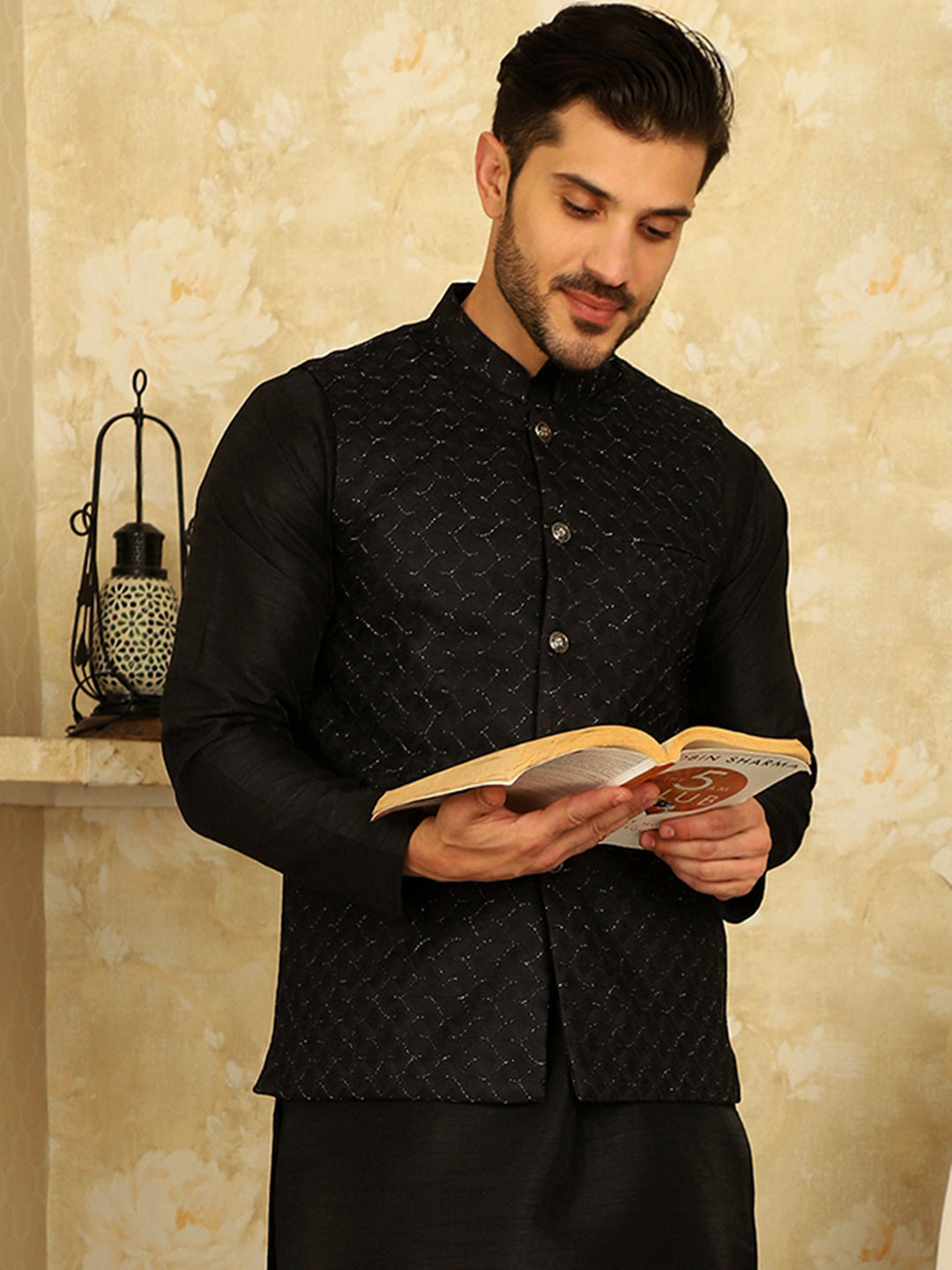 Black Woven Design Nehru Jacket.