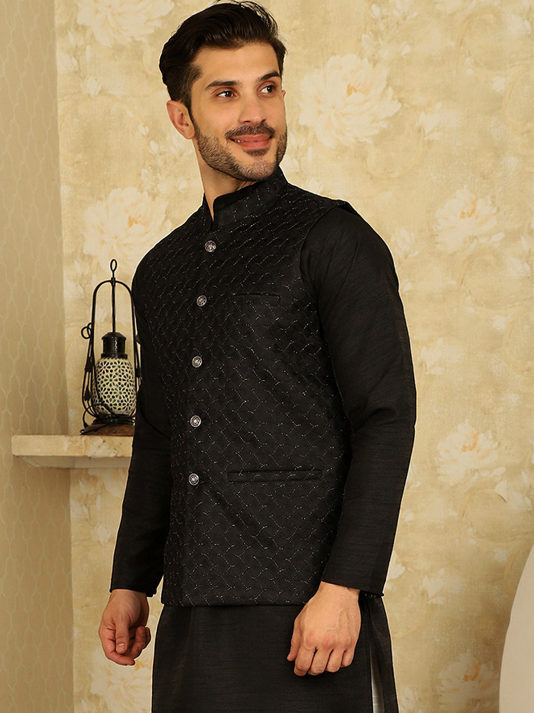 Black Woven Design Nehru Jacket.