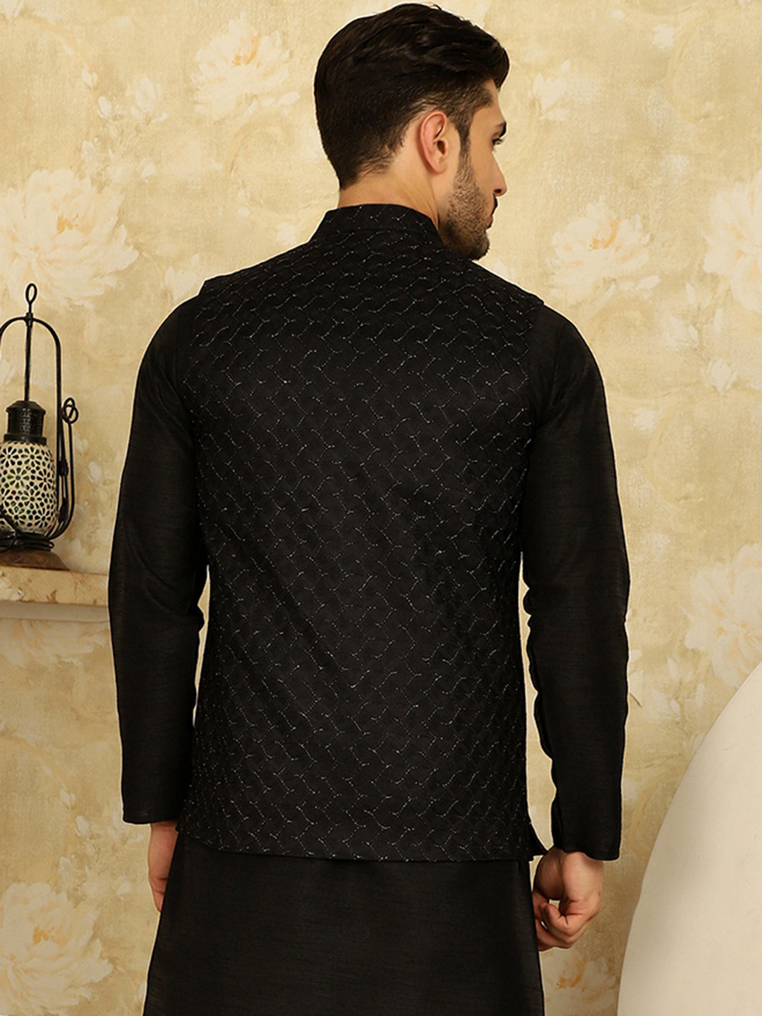 Black Woven Design Nehru Jacket.