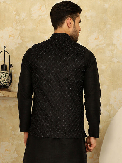 Black Woven Design Nehru Jacket.