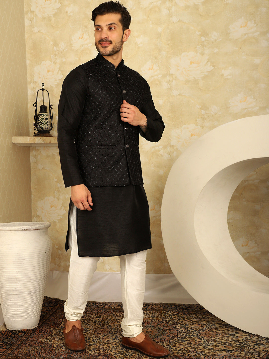 Black Woven Design Nehru Jacket.