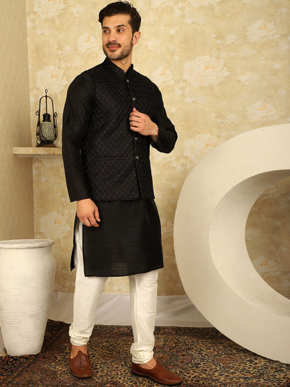 Black Woven Design Nehru Jacket.