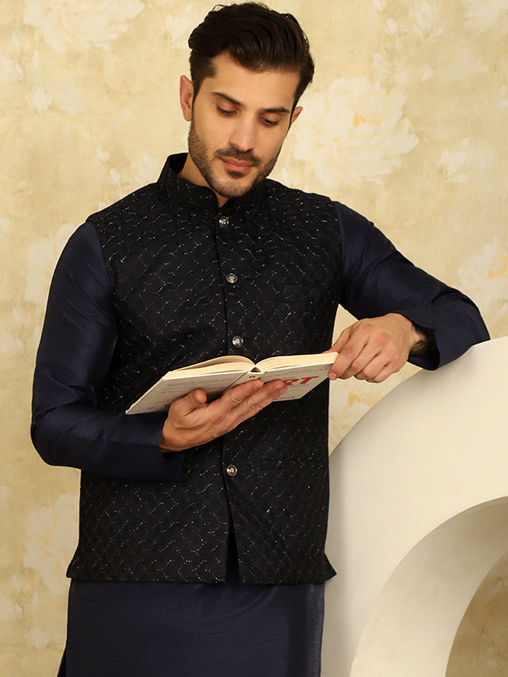 Navy Blue Woven Design Nehru Jacket.