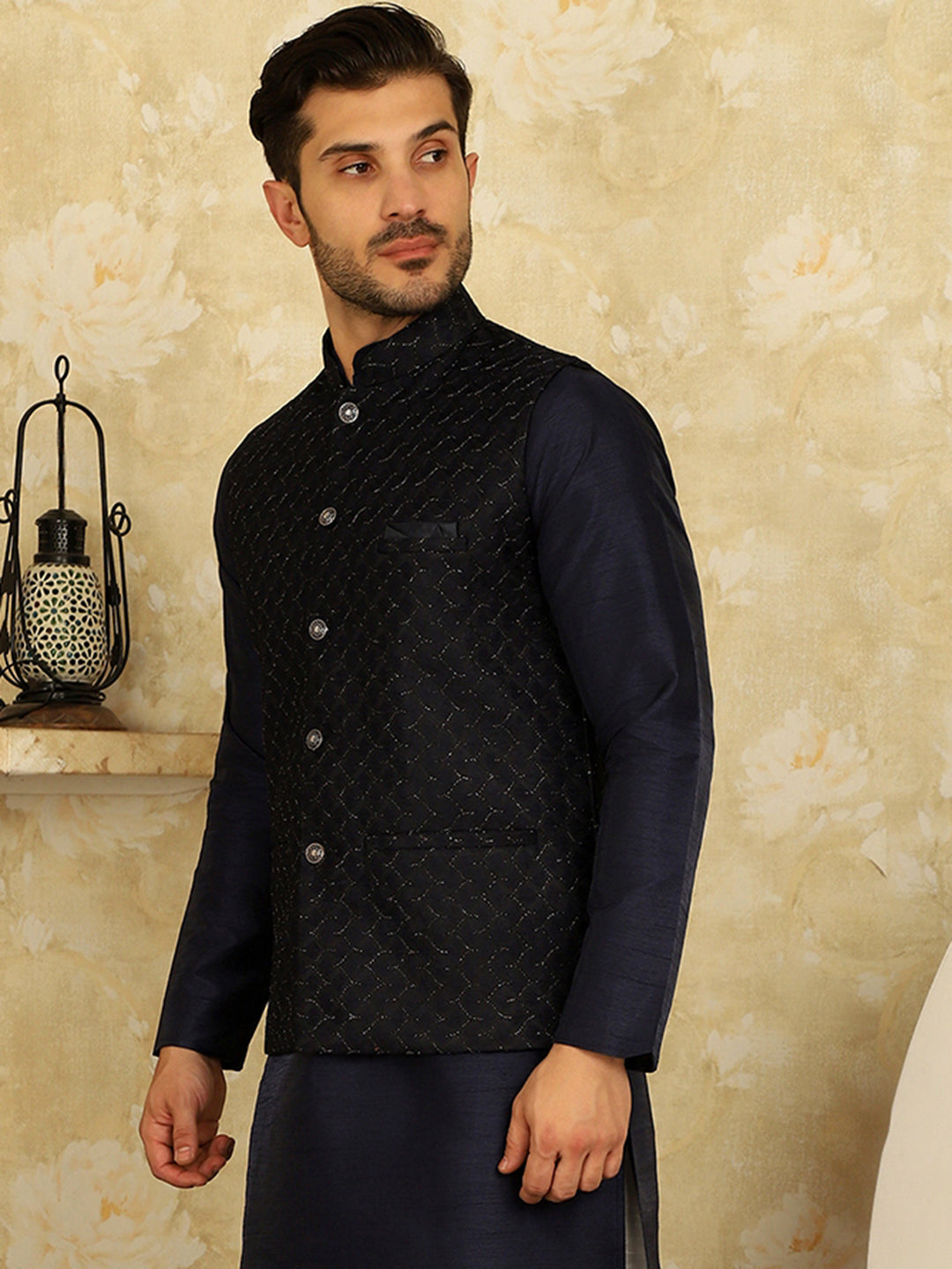 Navy Blue Woven Design Nehru Jacket.