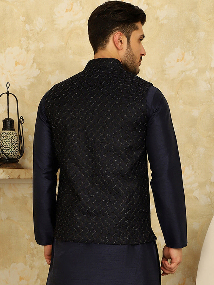 Navy Blue Woven Design Nehru Jacket.