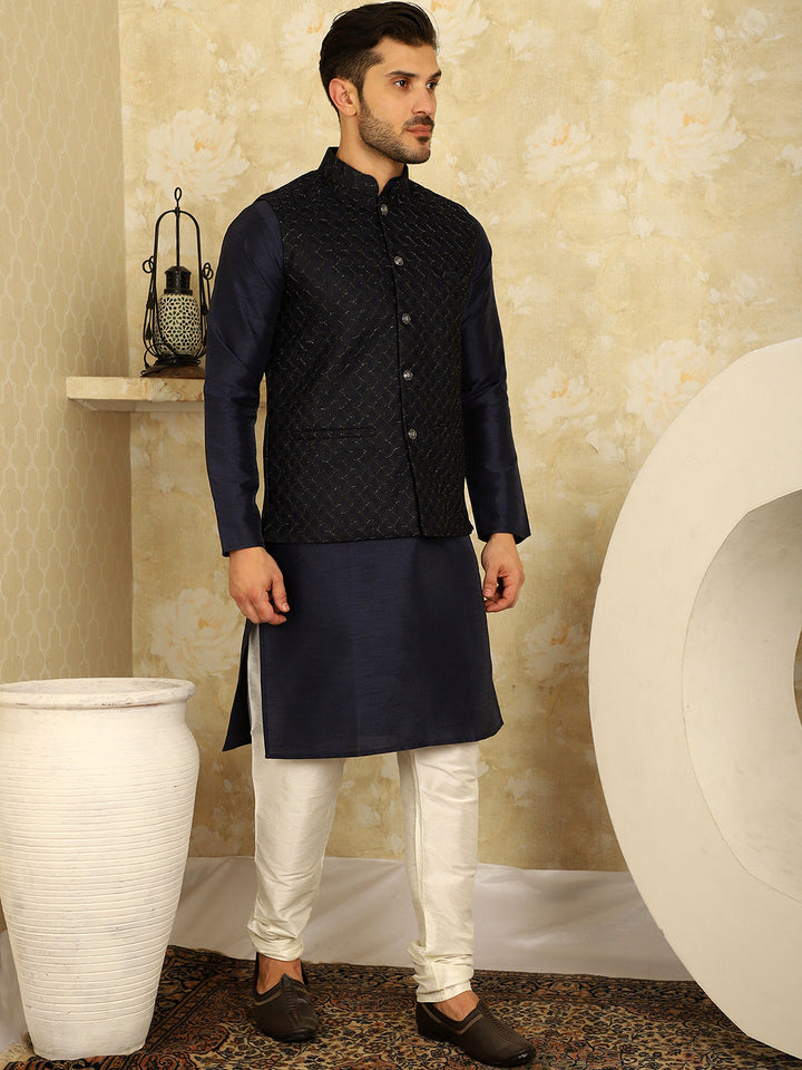 Navy Blue Woven Design Nehru Jacket.