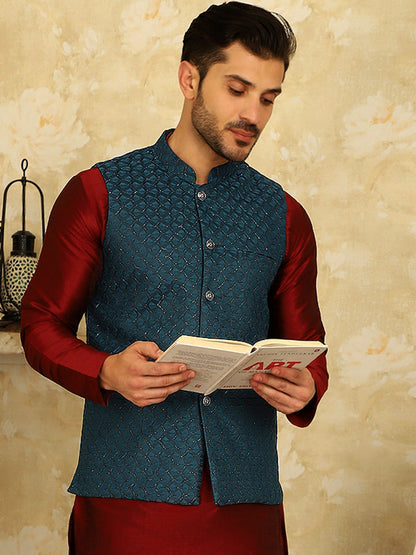 Blue Woven Design Nehru Jacket.