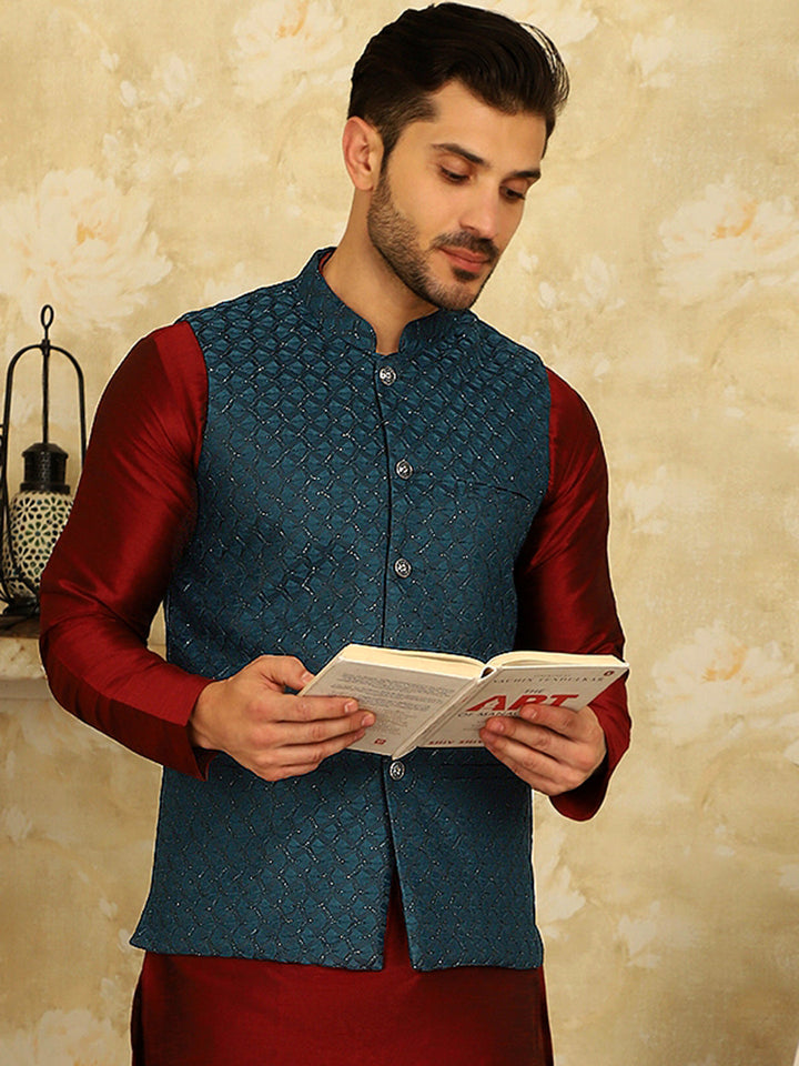 Blue Woven Design Nehru Jacket.