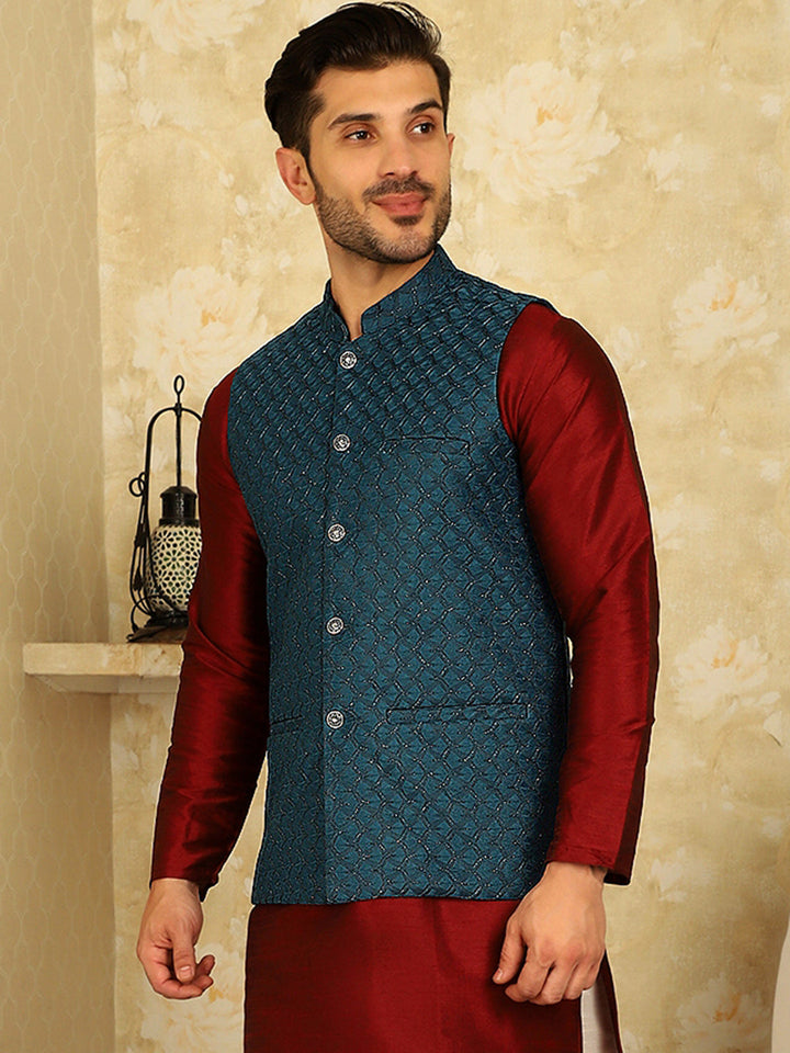 Blue Woven Design Nehru Jacket.