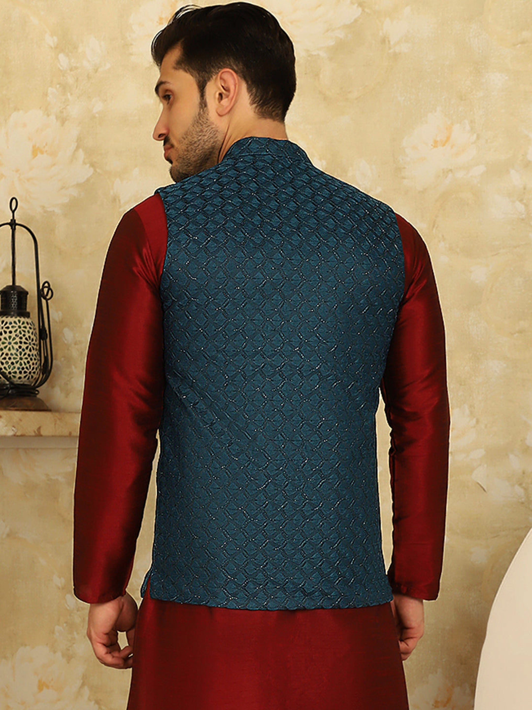 Blue Woven Design Nehru Jacket.