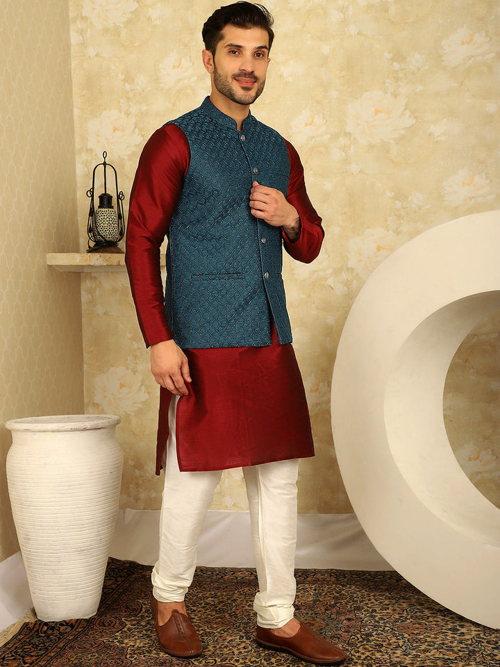 Blue Woven Design Nehru Jacket.