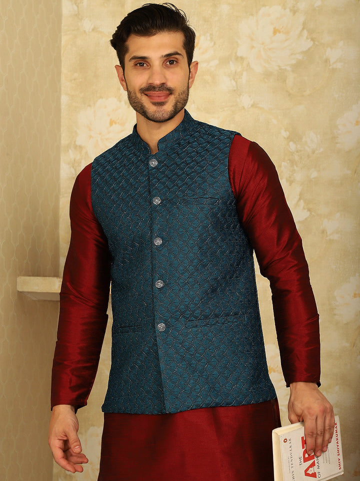 Blue Woven Design Nehru Jacket.