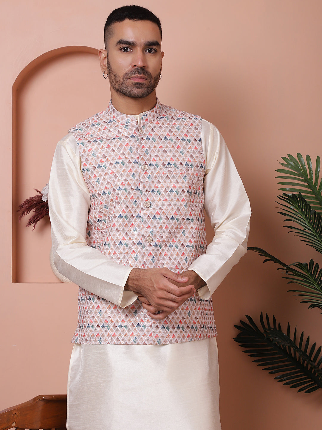 Floral Printed And Embroidered Nehru Jacket For Men