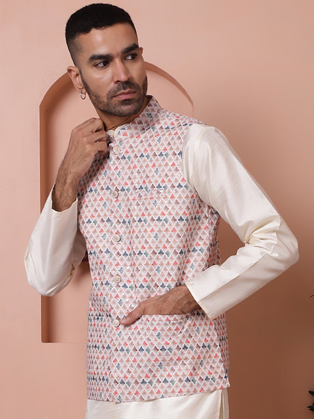 Floral Printed And Embroidered Nehru Jacket For Men