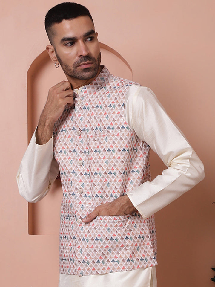 Floral Printed And Embroidered Nehru Jacket For Men