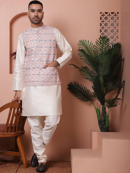 Floral Printed And Embroidered Nehru Jacket For Men
